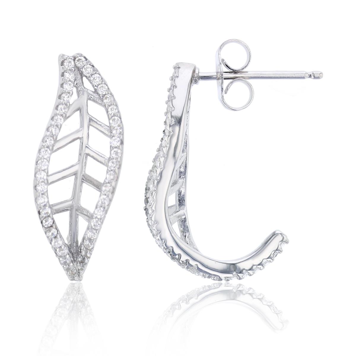 Sterling Silver Rhodium CZ Leaf J-shape Earring