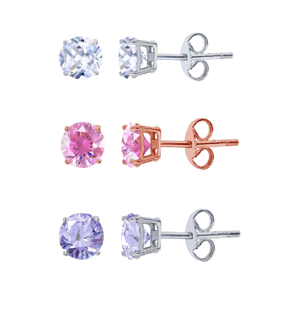 Sterling Silver Rhodium 5mm AAA Lavender, White & Sterling Silver Rose Pink Rd Solitaire Stud Earring Set