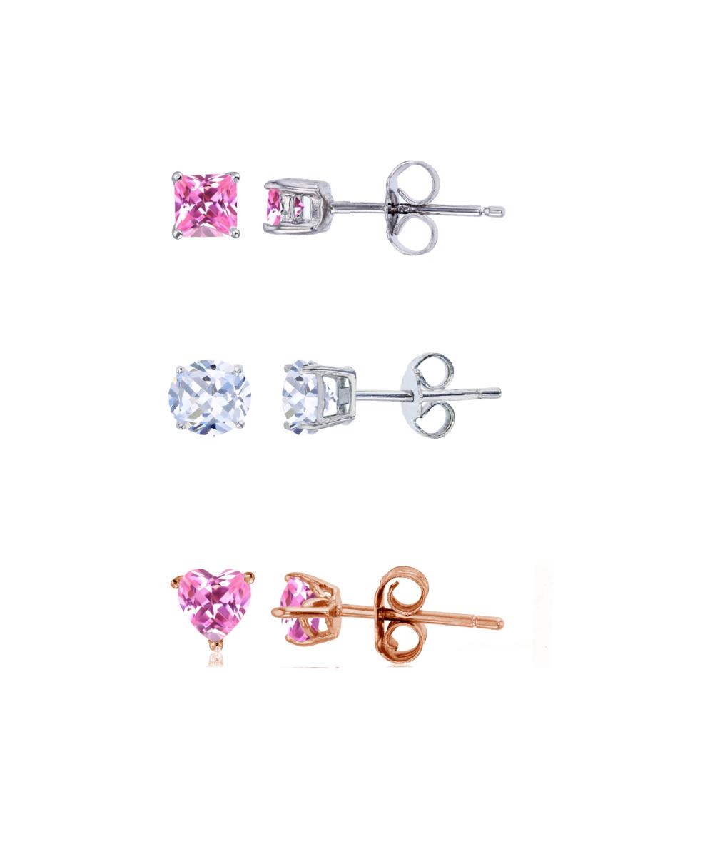 Sterling Silver Rhodium 4mm AAA Pink Sq, White Rd & Rose Pink Heart Solitaire Stud Earring Set