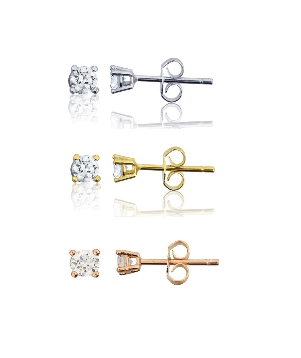 Sterling Silver Rhodium/Rose/Yellow 3.00mm AAA Round Solitaire Stud Earring Set
