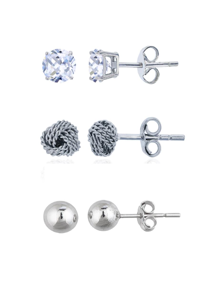 Sterling Silver Rhodium 4mm HP Ball, 4mm AAA Rd Solitaire & 5mm Rope Knot Stud Earring Set