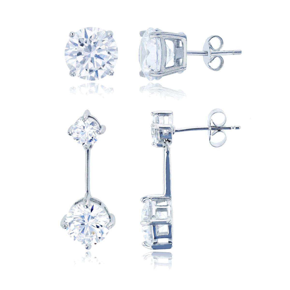 Sterling Silver Rhodium Rd CZ White Top & Bottom Dangling & 8mm Rd Solitaire Stud Earring Set