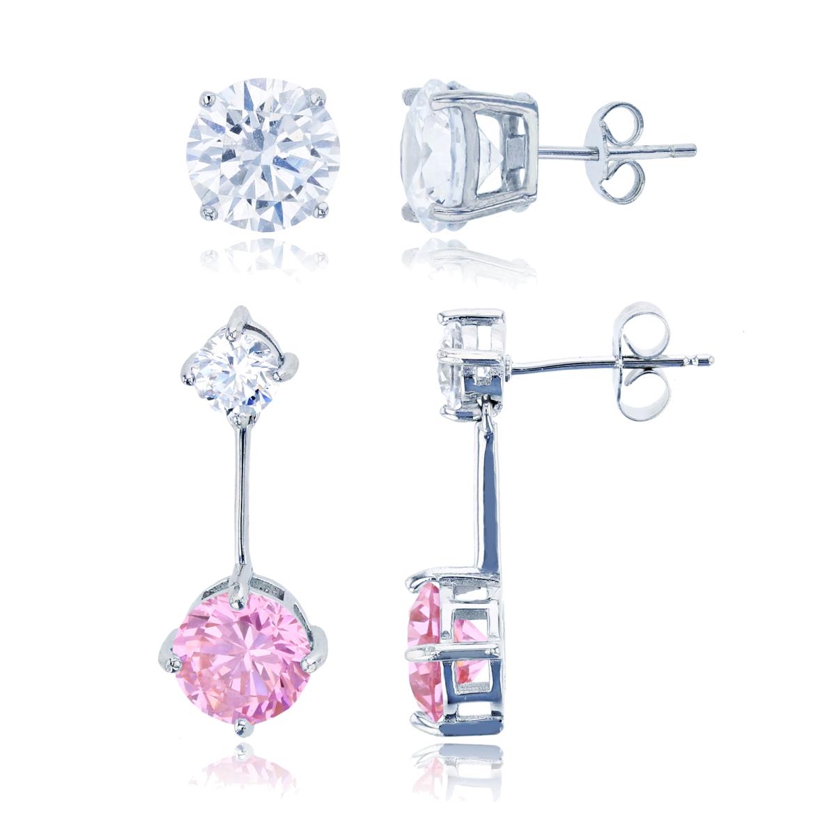 Sterling Silver Rhodium Rd CZ White Top & Pink Bottom Dangling & 8mm Rd Solitaire Stud Earring Set