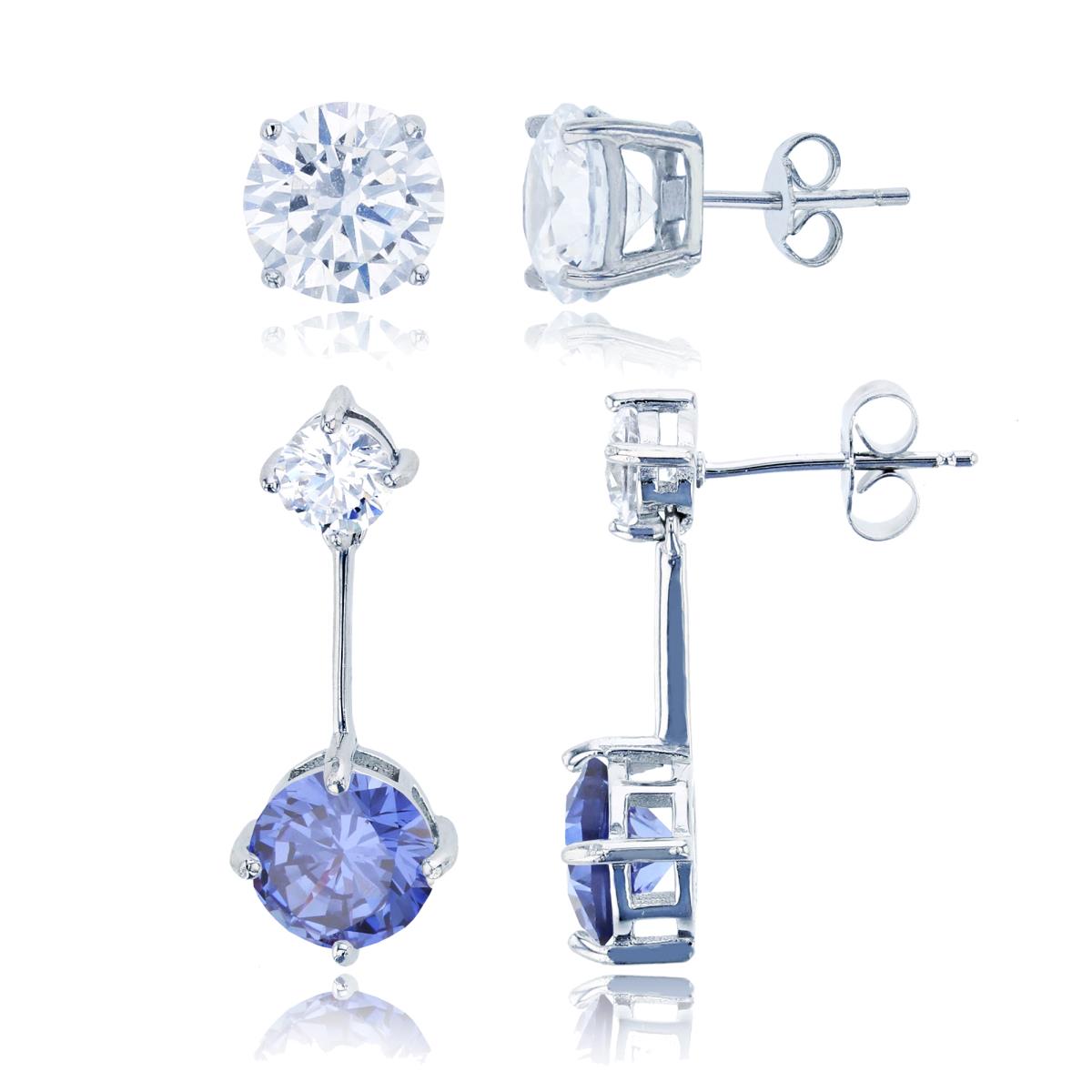 Sterling Silver Rhodium Rd CZ White Top & Tanzanite Bottom Dangling & 8mm Rd Solitaire Stud Earring Set