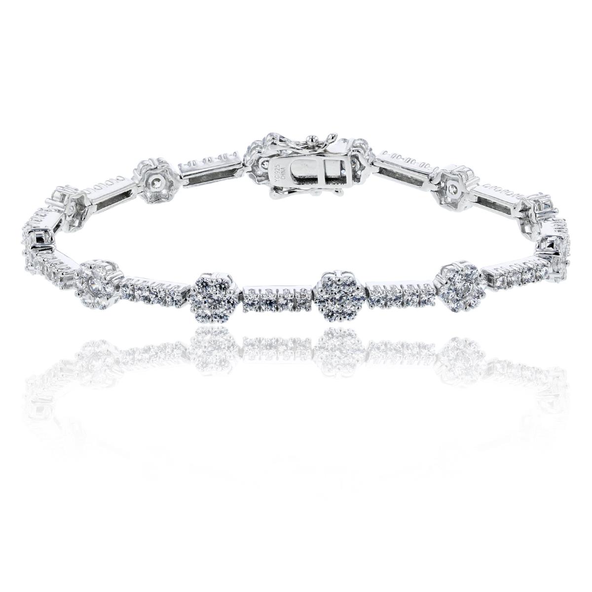 Sterling Silver Rhodium CZ White Rnd Alternate Flower/Row Linked Bracelet