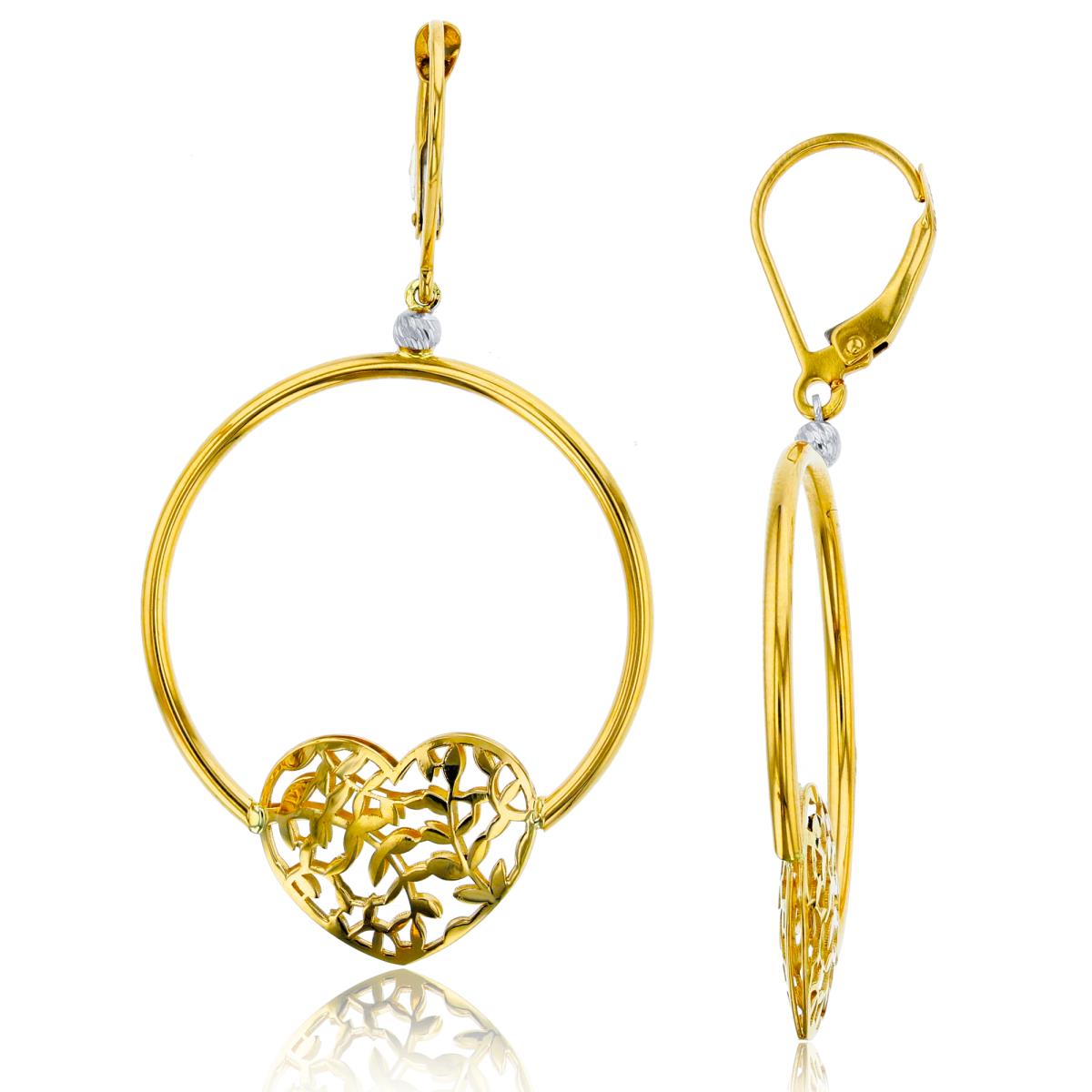 10K Yellow & White Gold Branched Heart Hoop Leverback Dangling Earring