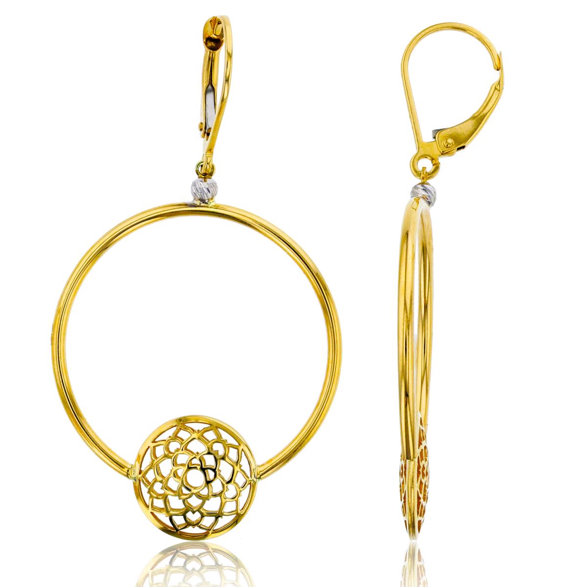 10K Yellow & White Gold Floral Circle Hoop Leverback Dangling Earring