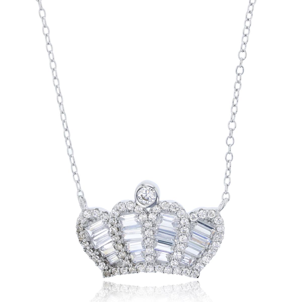 Sterling Silver Rhodium White Baguette/Rnd CZ Crown Necklace
