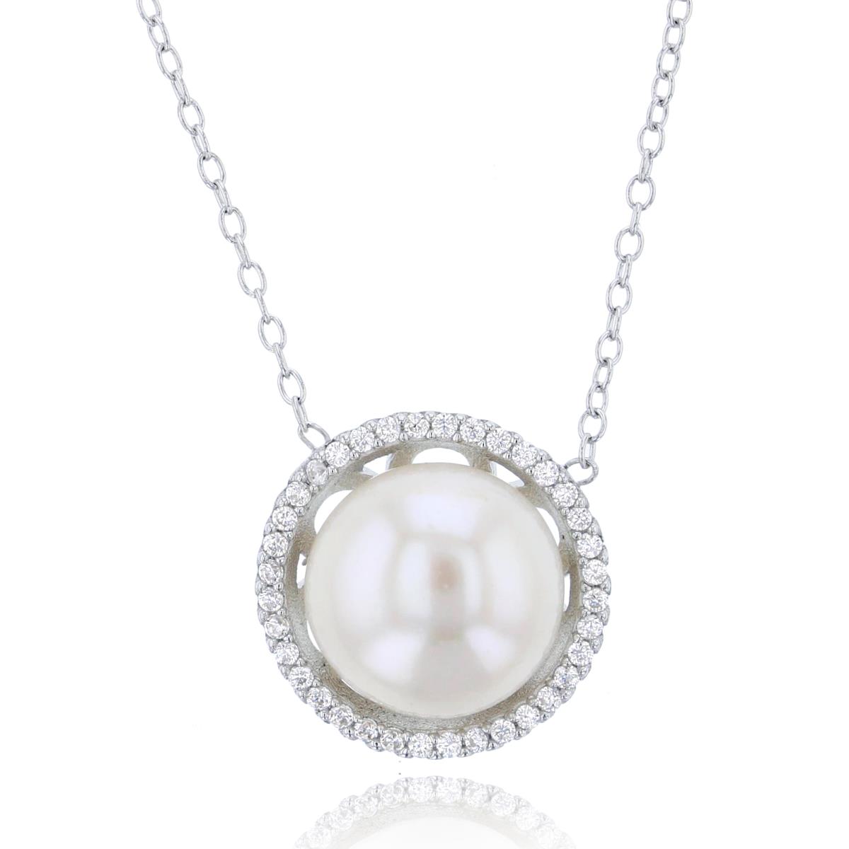 Sterling Silver Rhodium CZ & 10mm Rnd Fresh Water Pearl Circle 17"+1"Necklace
