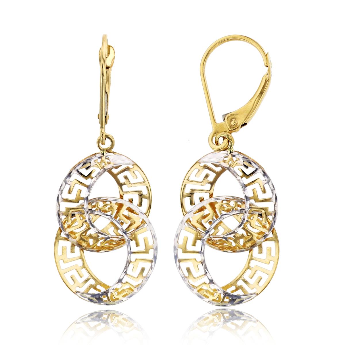 14K Two-Tone Gold Greek Key Interlocking Circles Leverback Dangling Earring