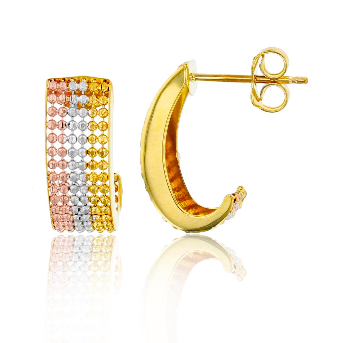 10K Tri-Color Gold 17x6mm Multi-Row Beaded Half Hoop Earring