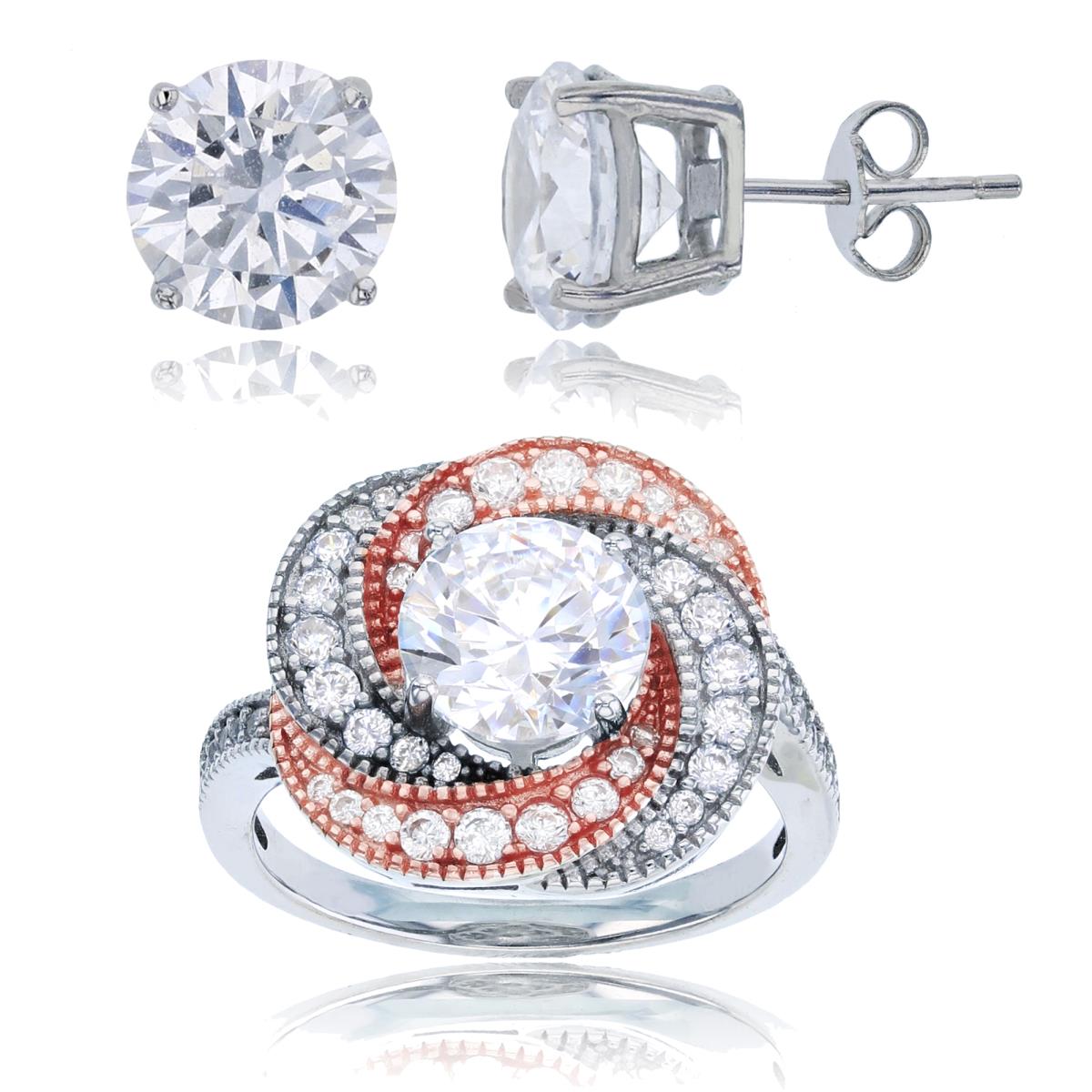 Sterling Silver Rose & White CZ 8mm Rnd Center Wrapped Ring & 8mm Rd Solitaire Stud Earring Set