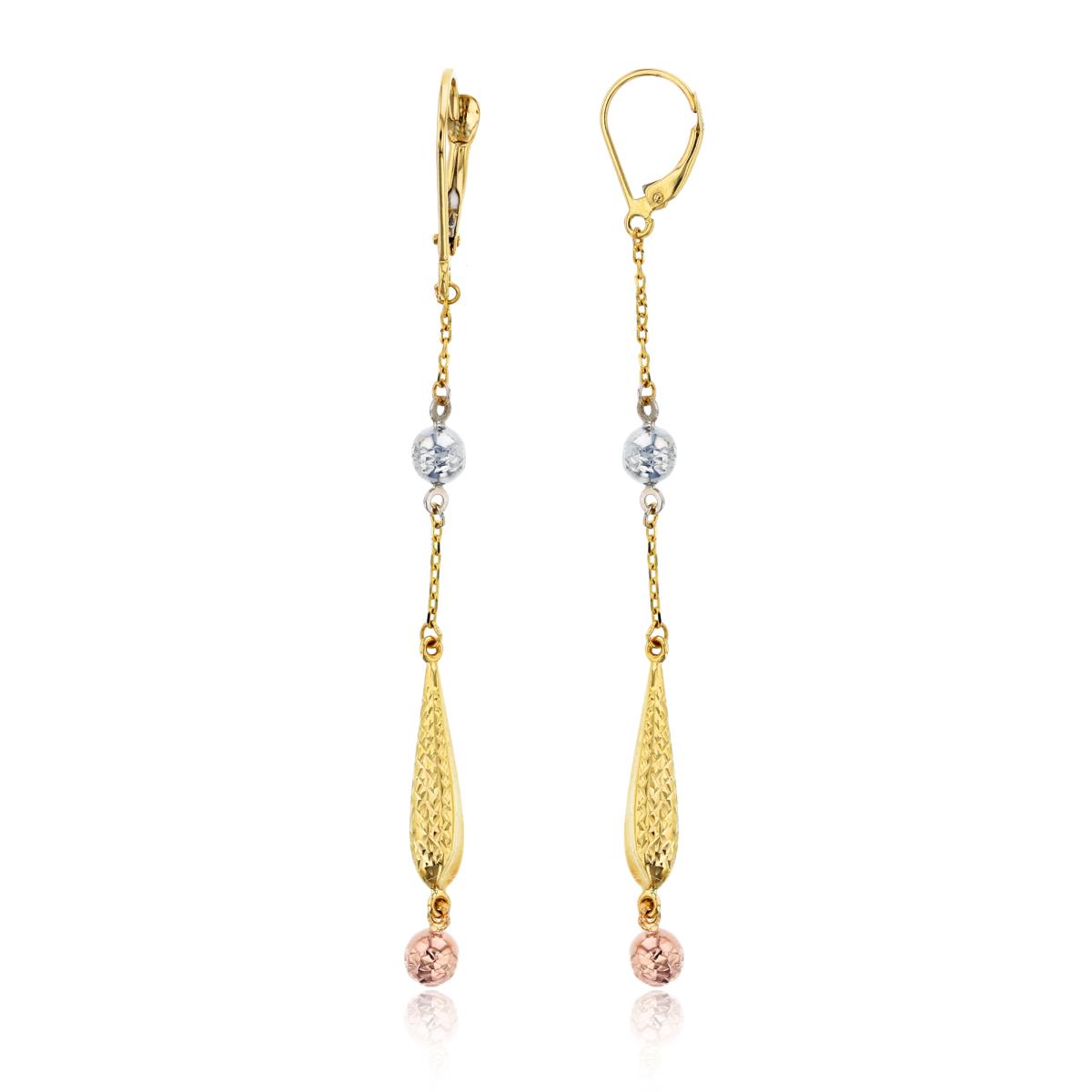 14K Tri-Color Gold 65x4mm Diamond Cut Leverback Dangling Earring
