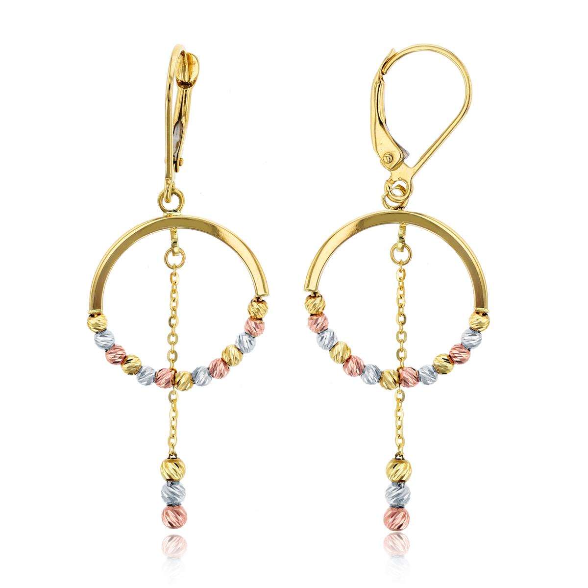 14K Tri-Color Gold Diamond Cut Beads Open Circle Dangling Leverback Earring