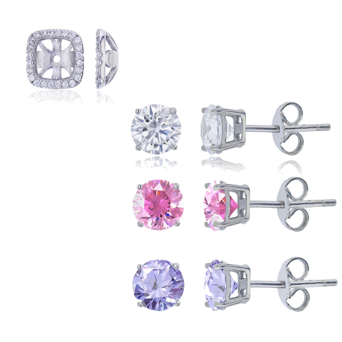 Sterling Silver Rhodium 6mm White, Pink & Lavender Solitaire Stud Earrings & Cushion Jacket Set