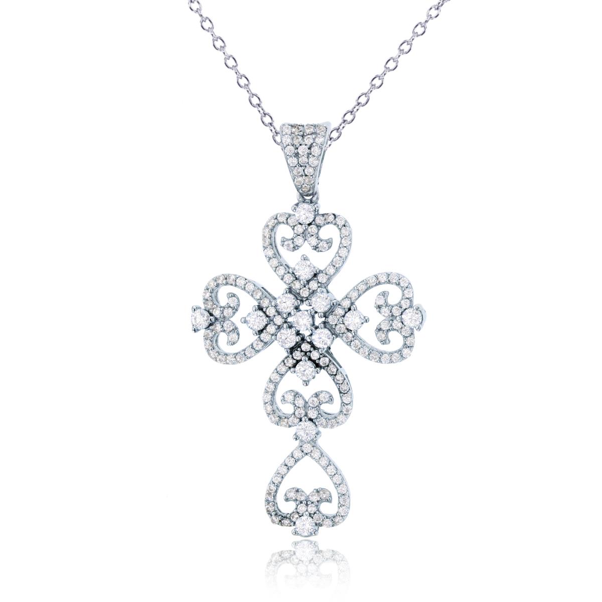 Sterling Silver Rhodium CZ Rnd Filigree Cross 18" Necklace