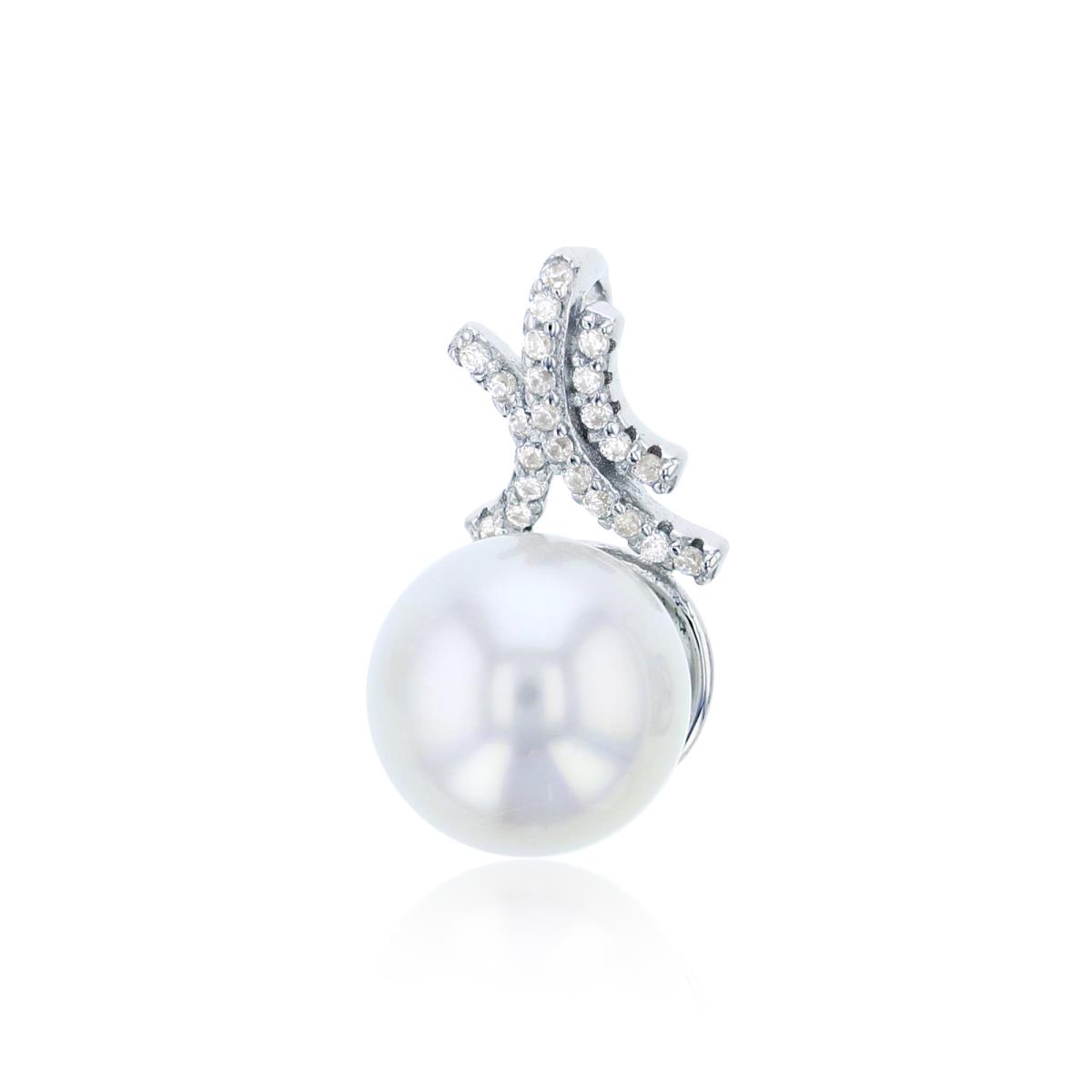 Sterling Silver Rhodium CZ Rnd & 10mm Fresh Water White Pearl Pendant