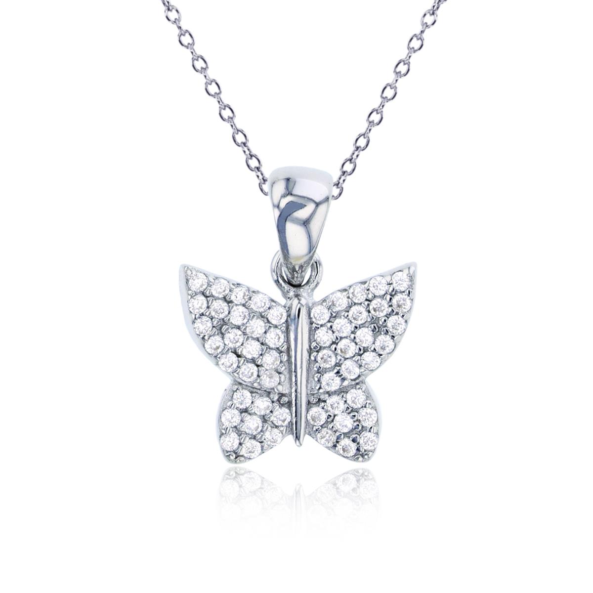 Sterling Silver Rhodium Rnd CZ Butterfly 18"Necklace