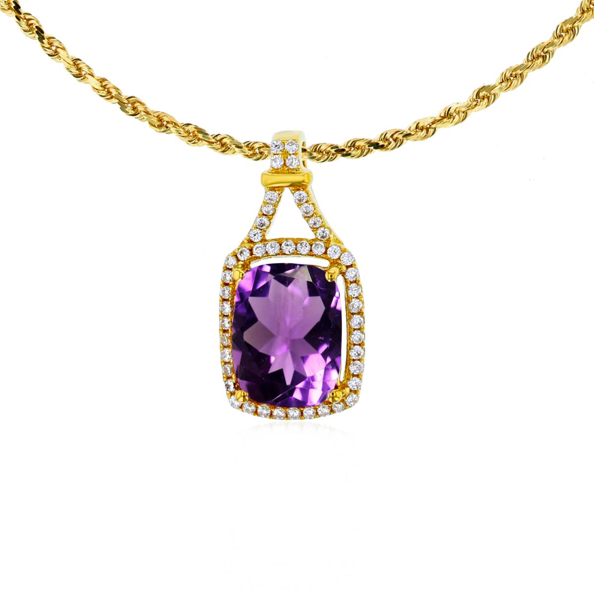 14K Yellow Gold 8x6mm Cushion Amethyst & 0.13 CTTW Rd Diamonds Halo 18" Rope Chain Necklace