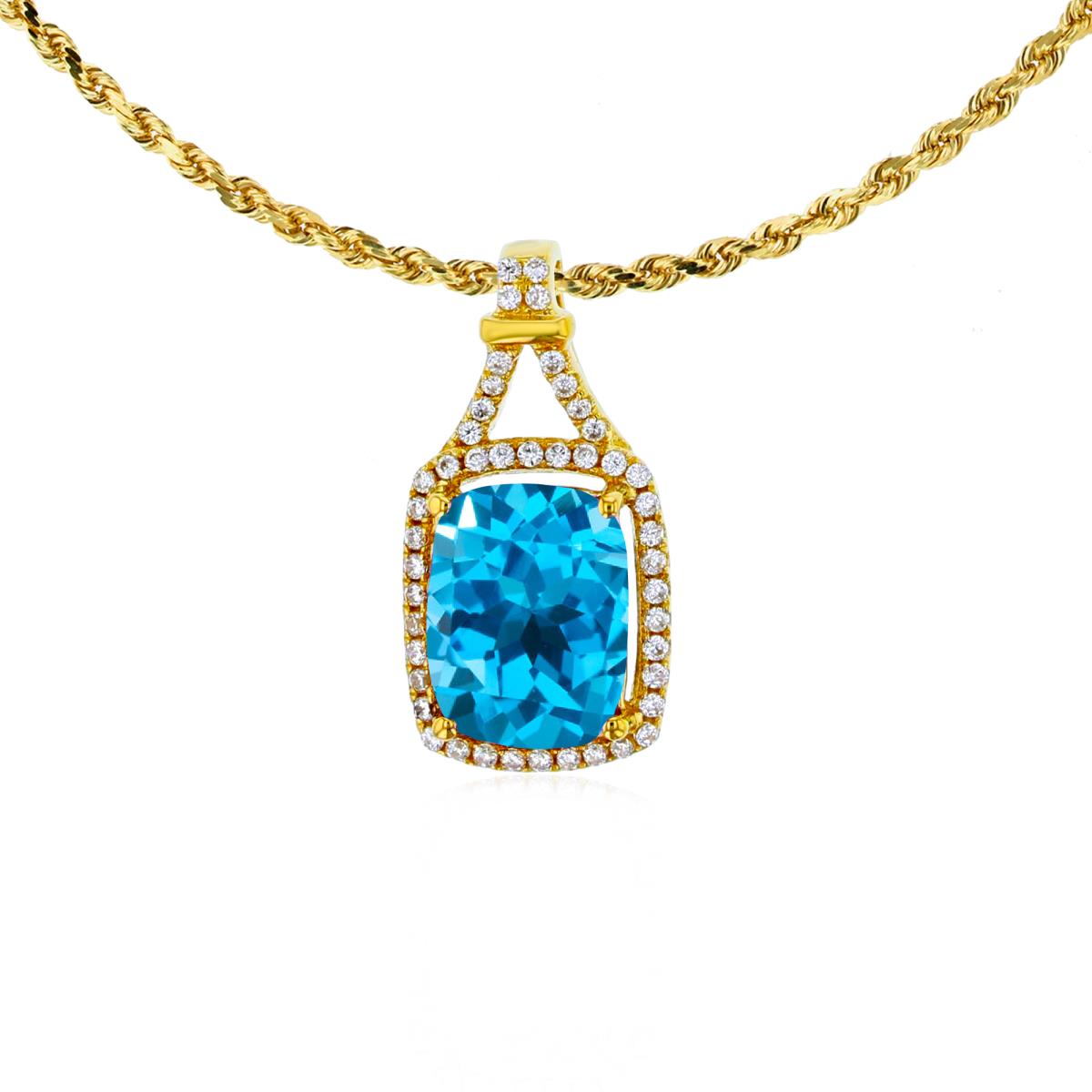 14K Yellow Gold 8x6mm Cushion Swiss Blue Topaz & 0.13 CTTW Rd Diamonds Halo 18" Rope Chain Necklace