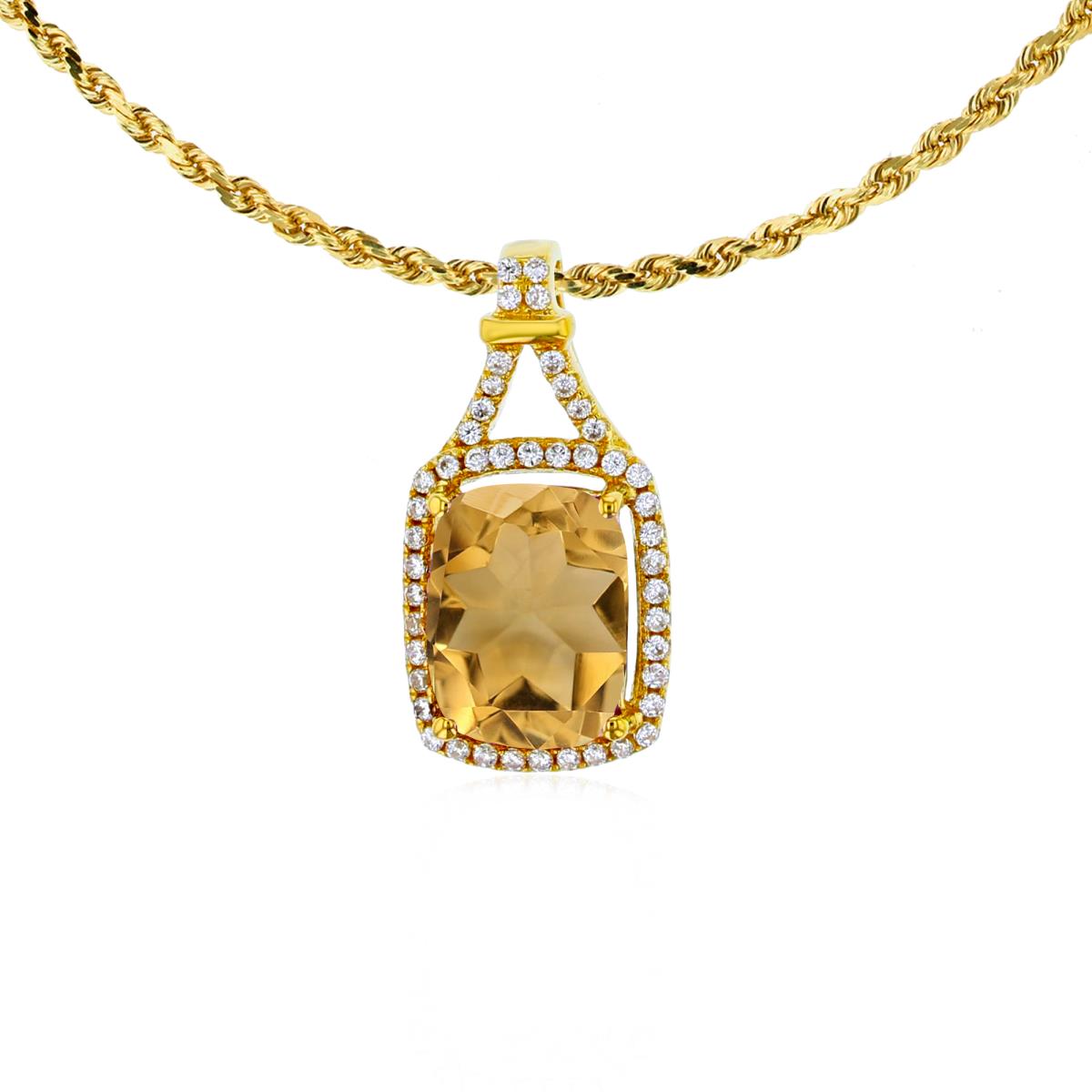 14K Yellow Gold 8x6mm Cushion Citrine & 0.13 CTTW Rd Diamonds Halo 18" Rope Chain Necklace