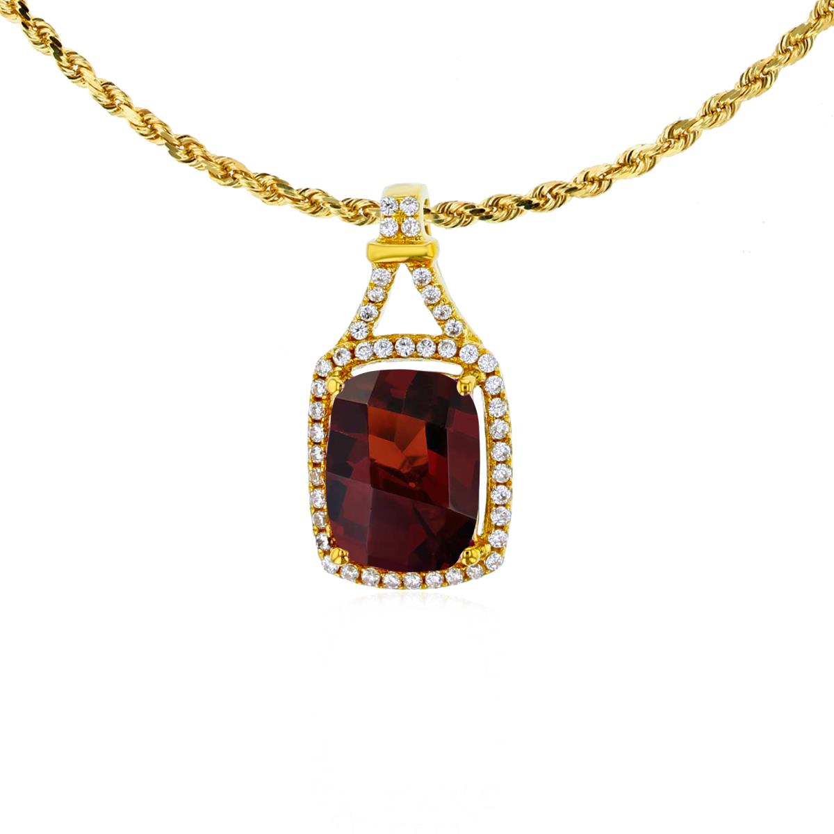 14K Yellow Gold 8x6mm Cushion Garnet & 0.13 CTTW Rd Diamonds Halo 18" Rope Chain Necklace