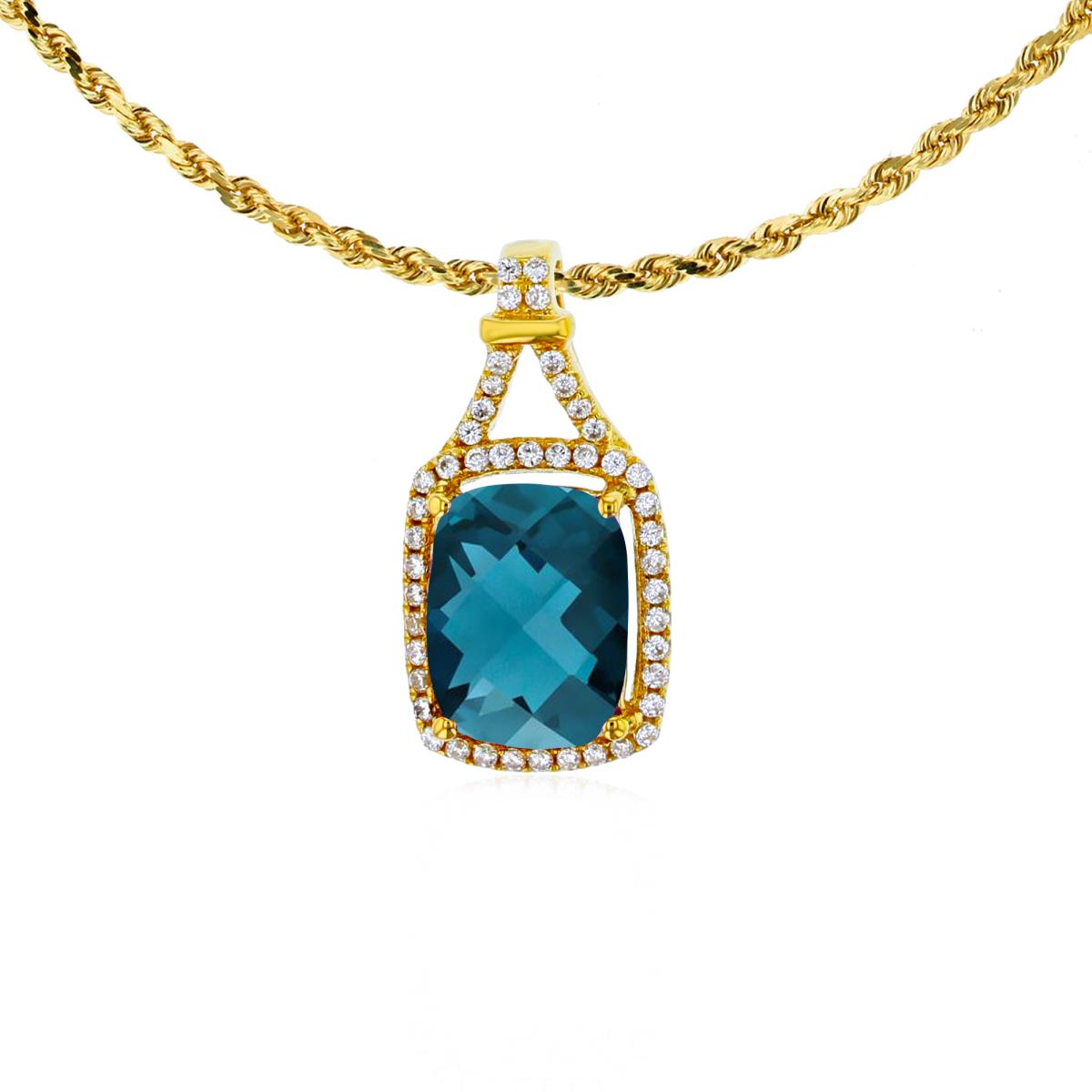 14K Yellow Gold 8x6mm Cushion London Blue Topaz & 0.13 CTTW Rd Diamonds Halo 18" Rope Chain Necklace