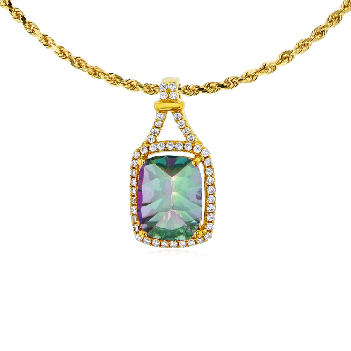 14K Yellow Gold 8x6mm Cushion Mystic Green Topaz & 0.13 CTTW Rd Diamonds Halo 18" Rope Chain Necklace