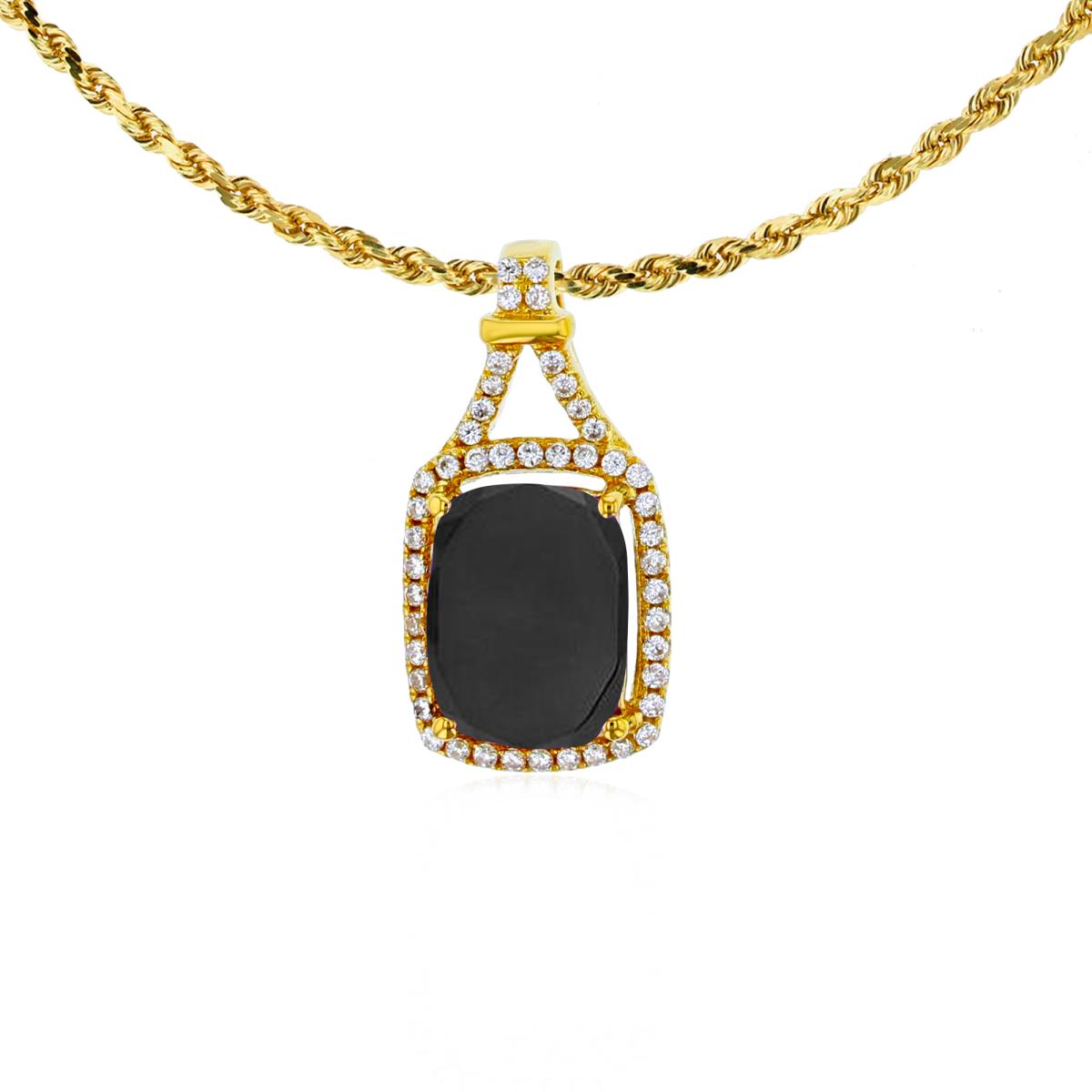 14K Yellow Gold 8x6mm Cushion Onyx & 0.13 CTTW Rd Diamonds Halo 18" Rope Chain Necklace