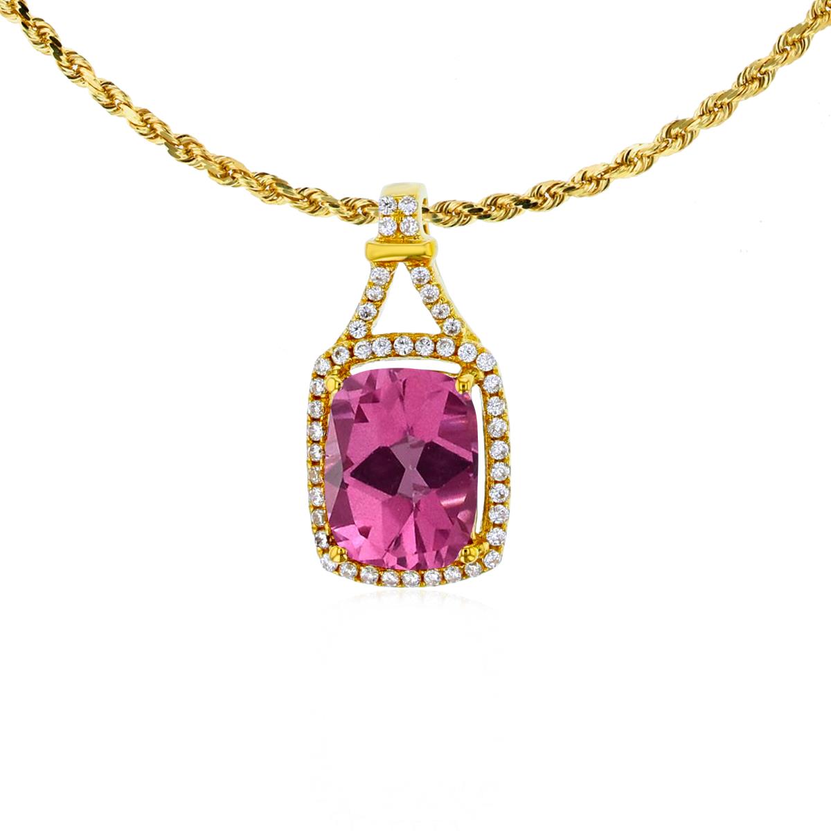 14K Yellow Gold 8x6mm Cushion Pure Pink & 0.13 CTTW Rd Diamonds Halo 18" Rope Chain Necklace