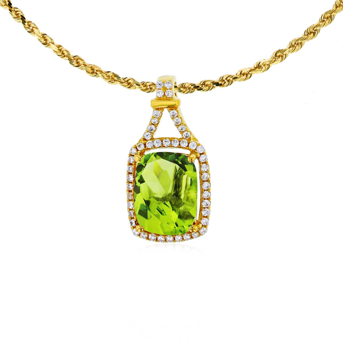14K Yellow Gold 8x6mm Cushion Peridot & 0.13 CTTW Rd Diamonds Halo 18" Rope Chain Necklace