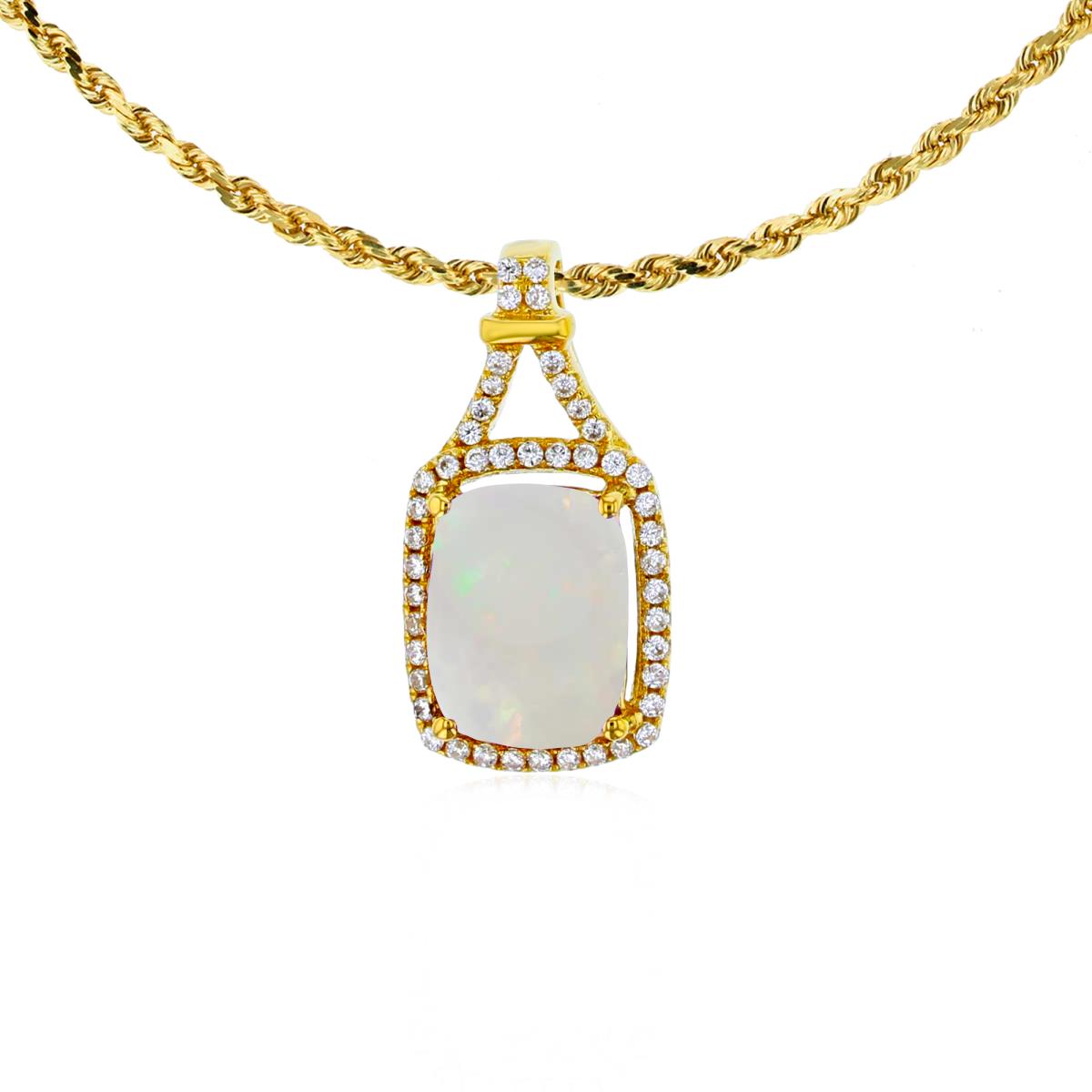 14K Yellow Gold 8x6mm Cushion Opal & 0.13 CTTW Rd Diamonds Halo 18" Rope Chain Necklace