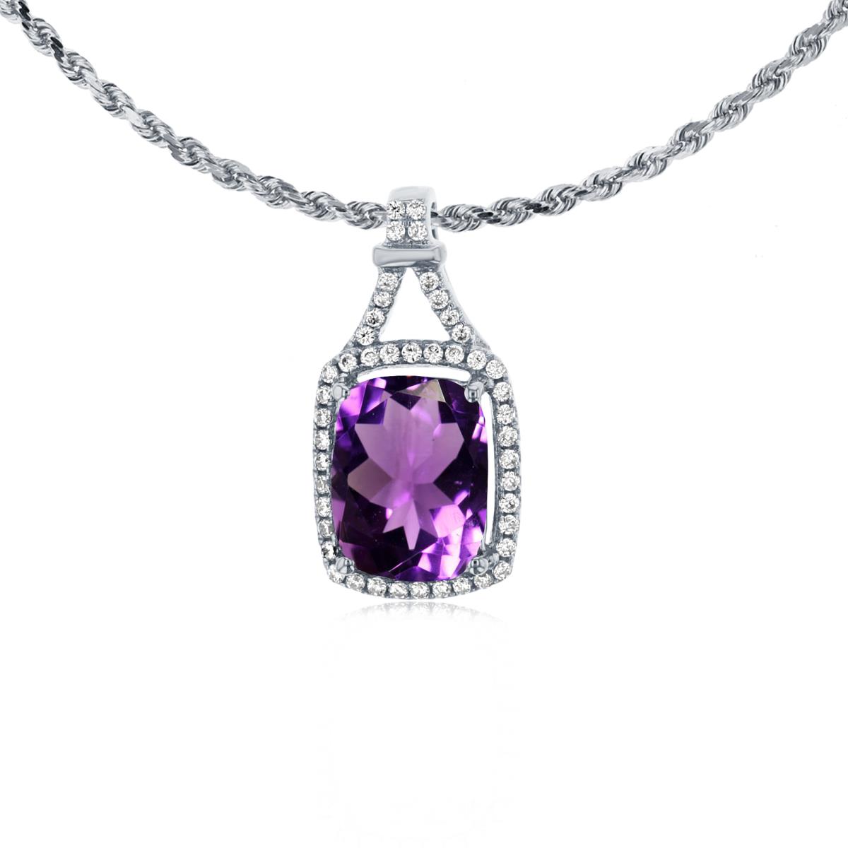 14K White Gold 8x6mm Cushion Amethyst & 0.13 CTTW Rd Diamonds Halo 18" Rope Chain Necklace