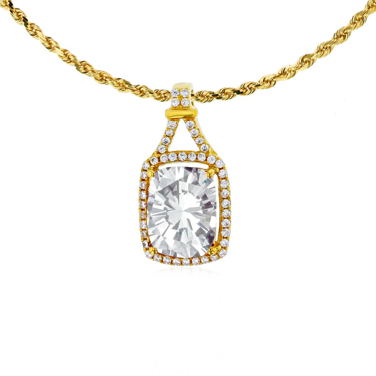 10K Yellow Gold 8x6mm Cushion White Topaz & 0.13 CTTW Rd Diamonds Halo 18" Rope Chain Necklace