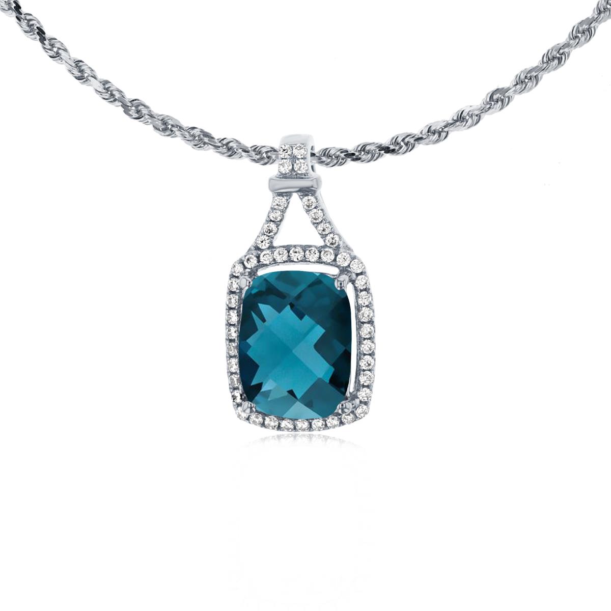 10K White Gold 8x6mm Cushion London Blue Topaz & 0.13 CTTW Rd Diamonds Halo 18" Rope Chain Necklace