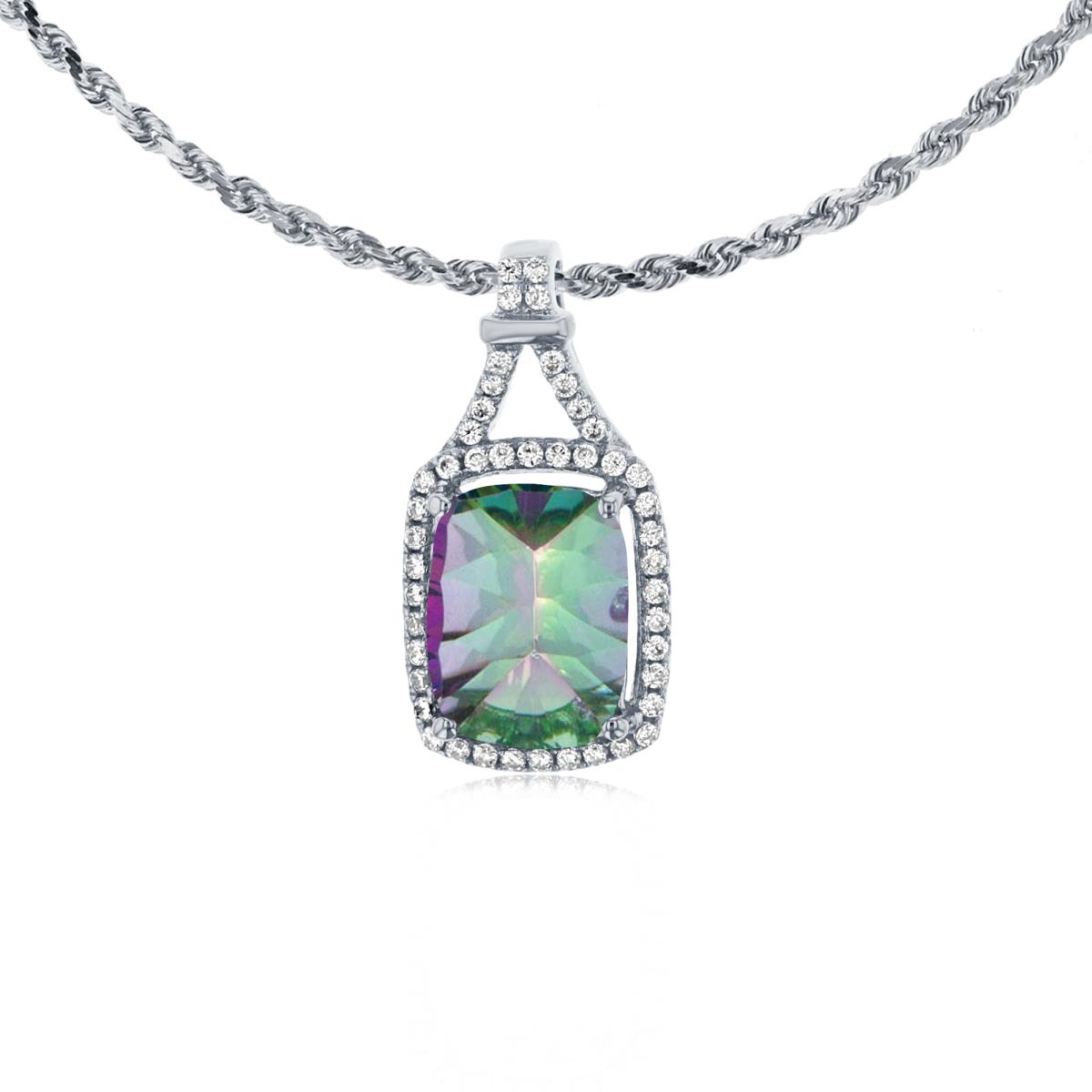 10K White Gold 8x6mm Cushion Mystic Green Topaz & 0.13 CTTW Rd Diamonds Halo 18" Rope Chain Necklace