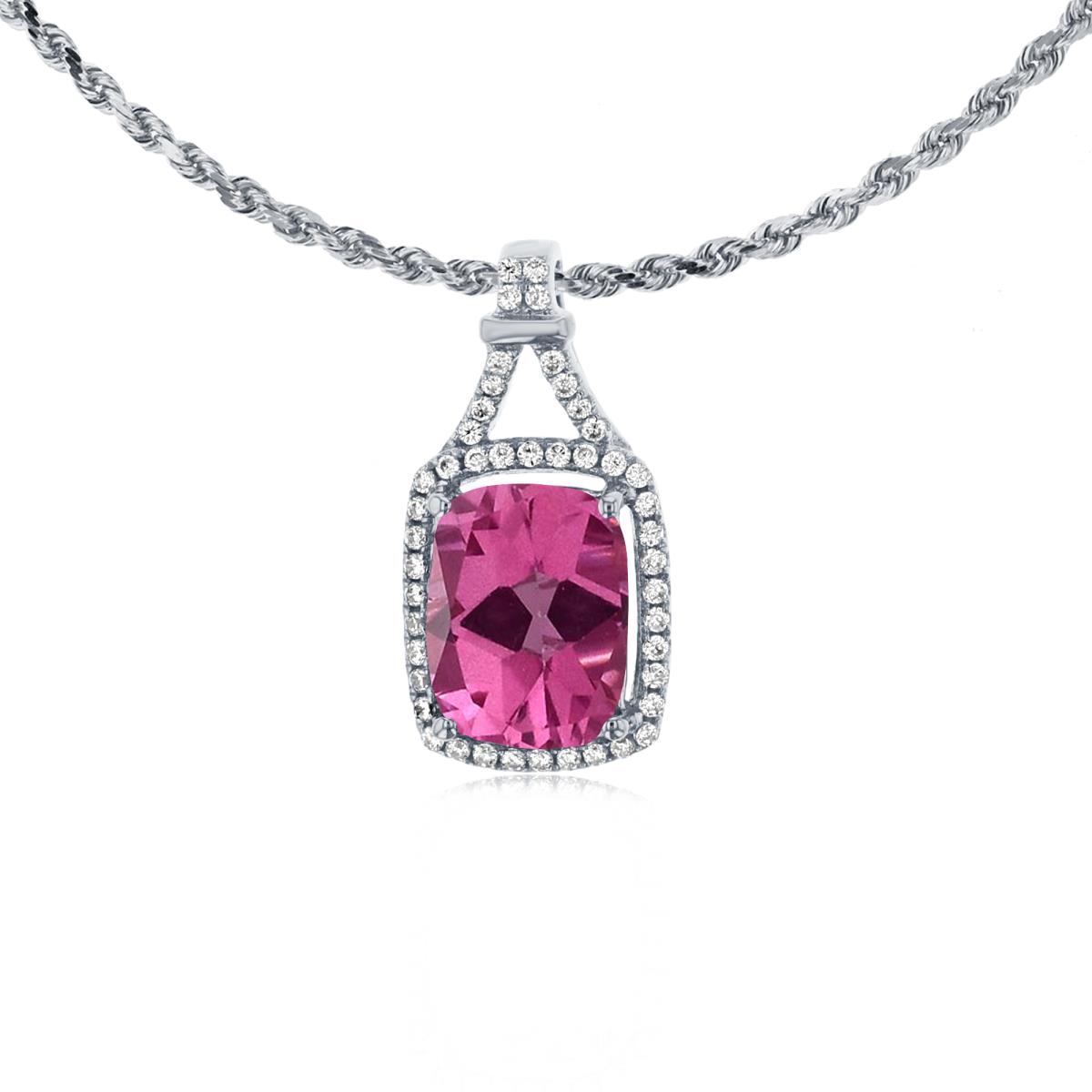10K White Gold 8x6mm Cushion Pure Pink & 0.13 CTTW Rd Diamonds Halo 18" Rope Chain Necklace