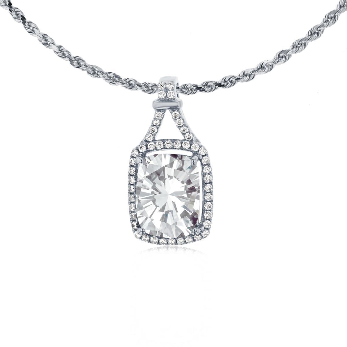 10K White Gold 8x6mm Cushion White Topaz & 0.13 CTTW Rd Diamonds Halo 18" Rope Chain Necklace