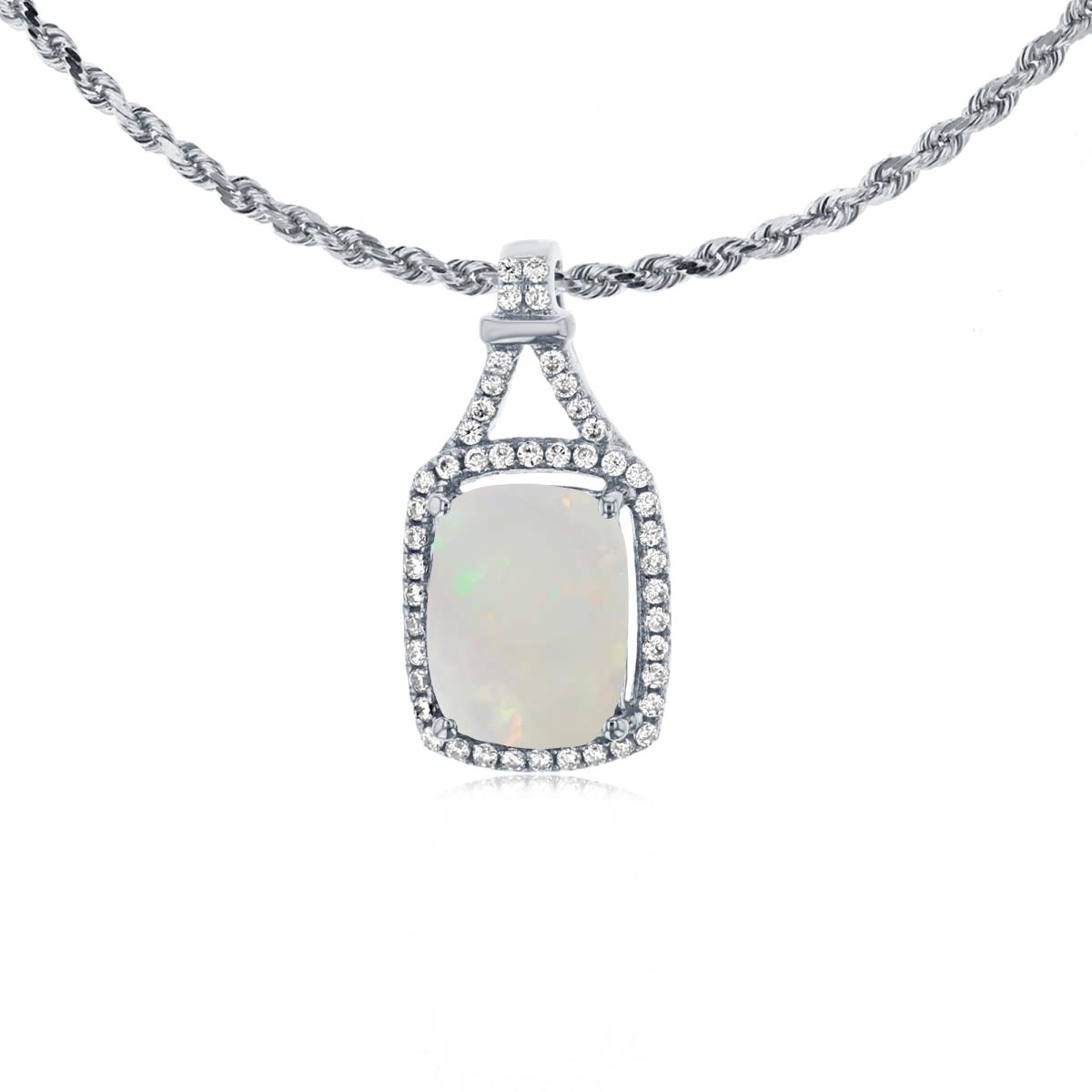 10K White Gold 8x6mm Cushion Opal & 0.13 CTTW Rd Diamonds Halo 18" Rope Chain Necklace