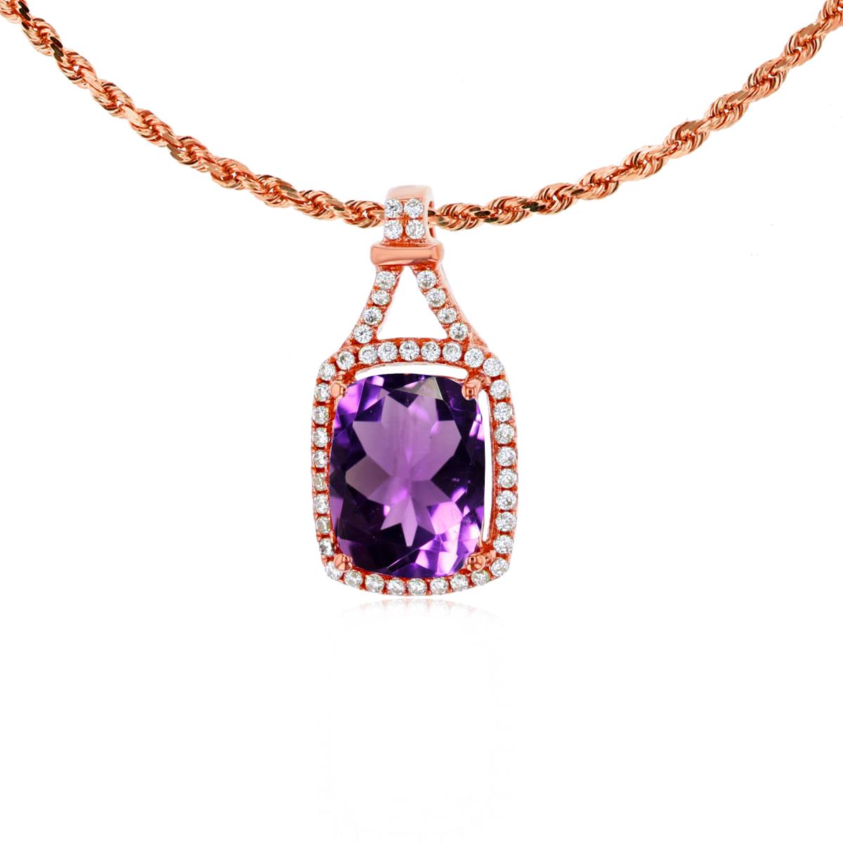 10K Rose Gold 8x6mm Cushion Amethyst & 0.13 CTTW Rd Diamonds Halo 18" Rope Chain Necklace