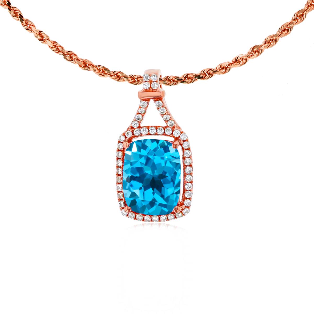 10K Rose Gold 8x6mm Cushion Swiss Blue Topaz & 0.13 CTTW Rd Diamonds Halo 18" Rope Chain Necklace
