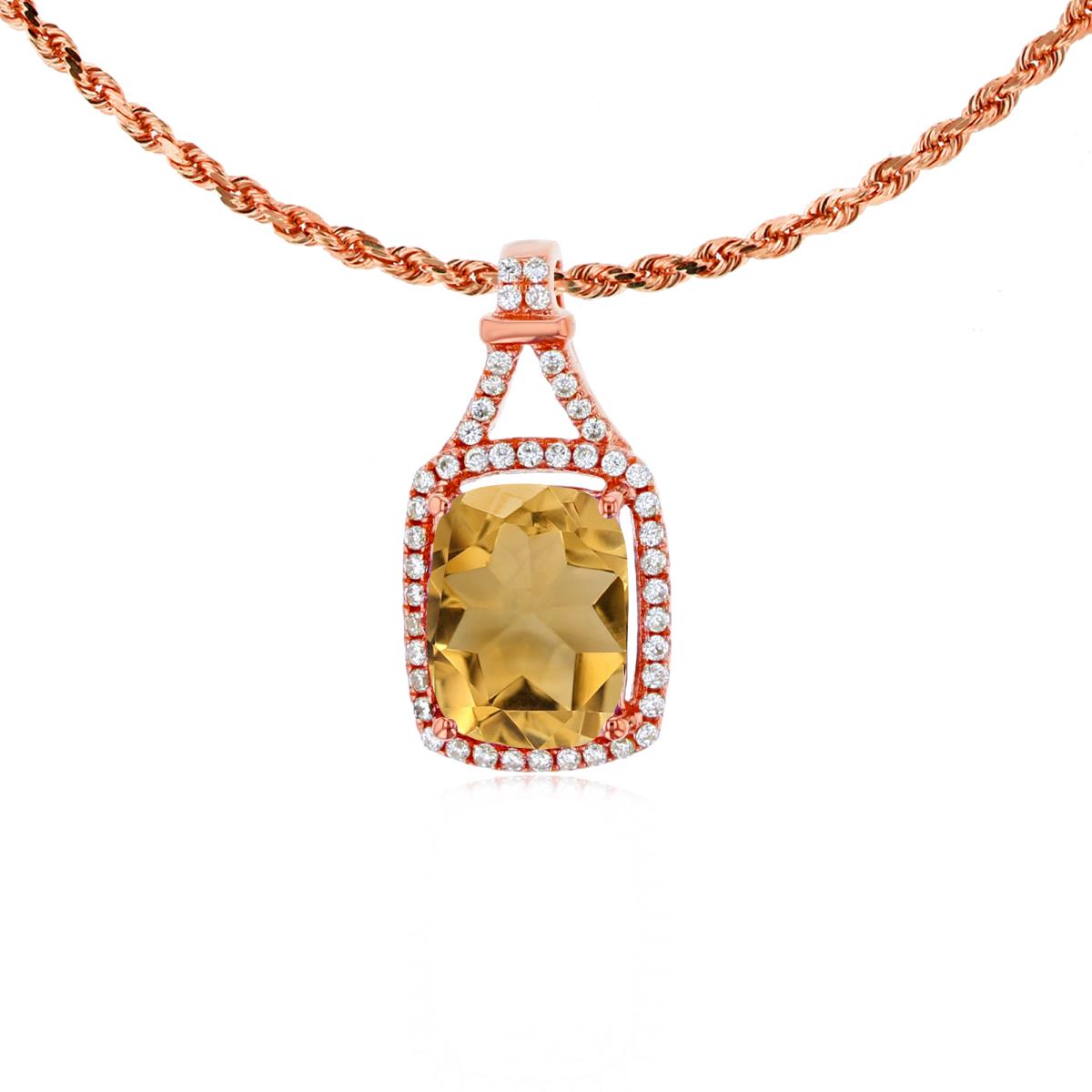 10K Rose Gold 8x6mm Cushion Citrine & 0.13 CTTW Rd Diamonds Halo 18" Rope Chain Necklace