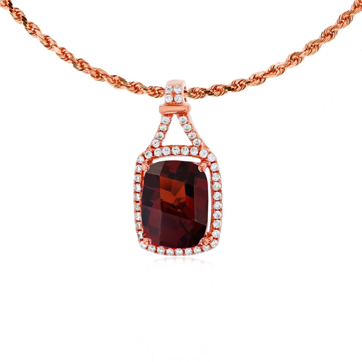 10K Rose Gold 8x6mm Cushion Garnet & 0.13 CTTW Rd Diamonds Halo 18" Rope Chain Necklace