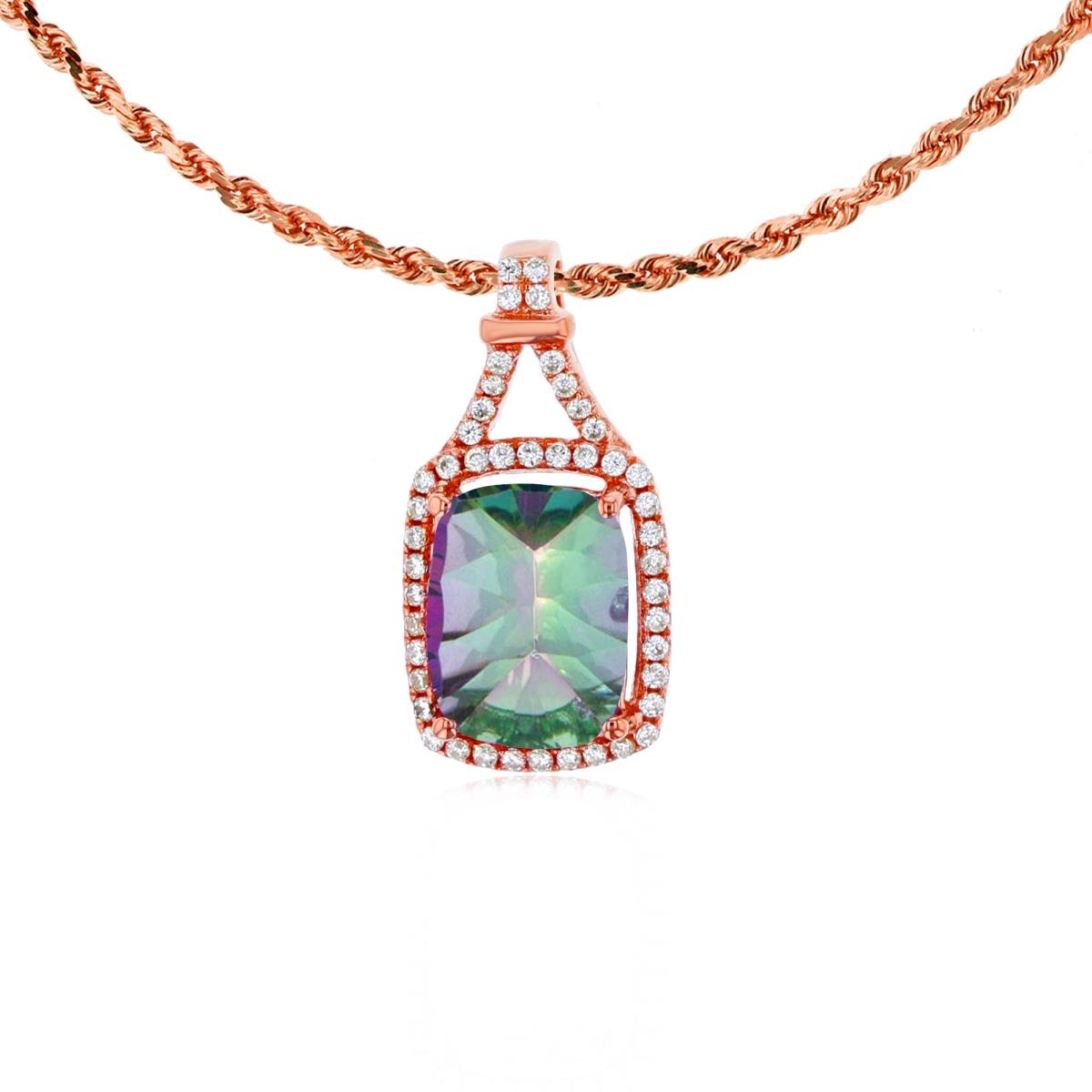 10K Rose Gold 8x6mm Cushion Mystic Green Topaz & 0.13 CTTW Rd Diamonds Halo 18" Rope Chain Necklace
