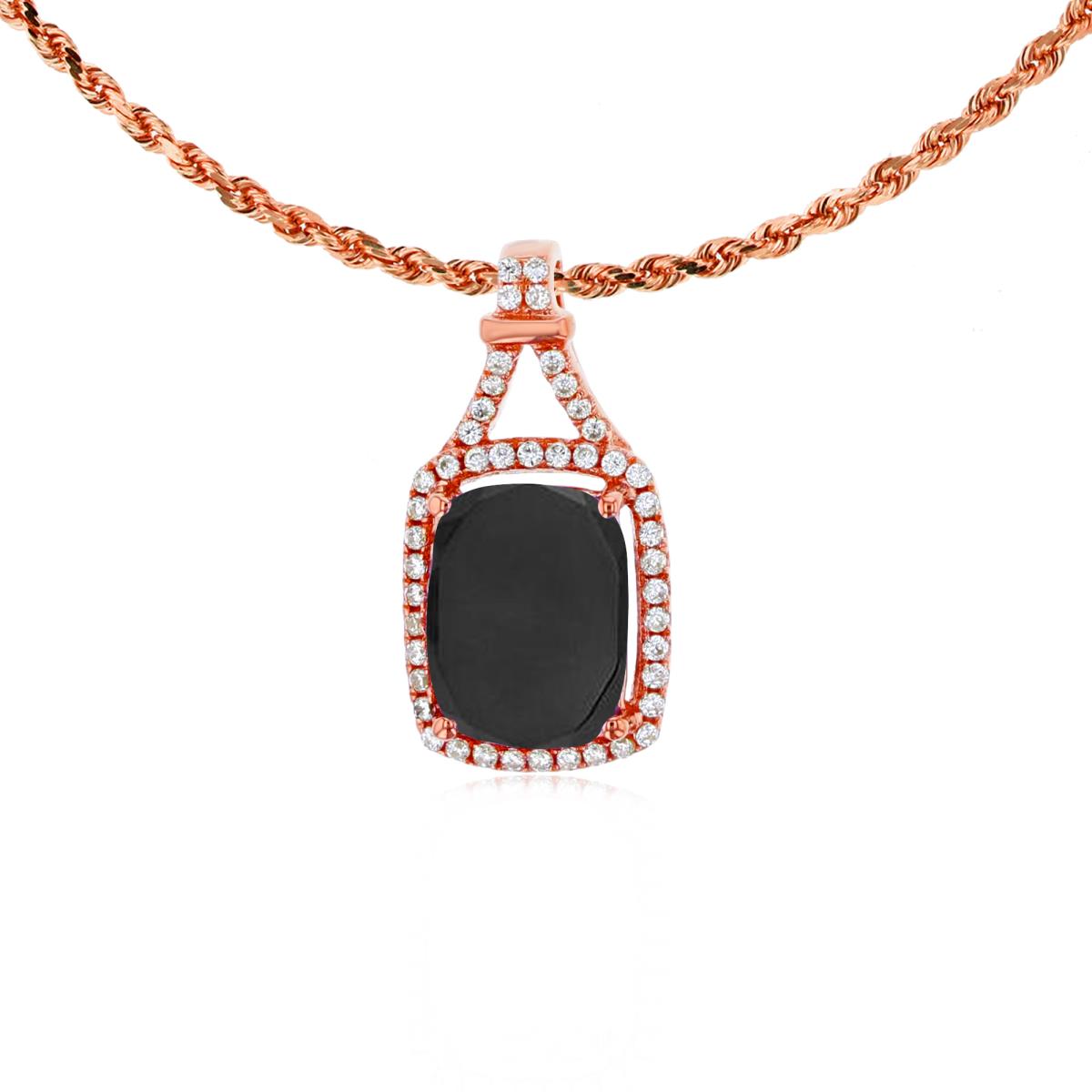10K Rose Gold 8x6mm Cushion Onyx & 0.13 CTTW Rd Diamonds Halo 18" Rope Chain Necklace
