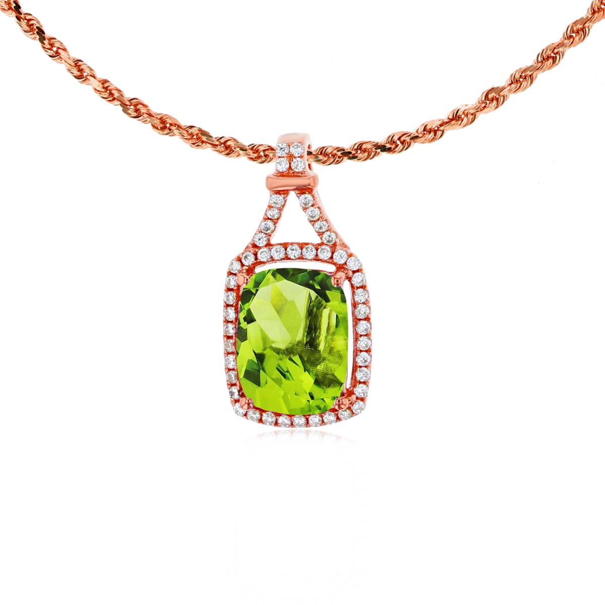10K Rose Gold 8x6mm Cushion Peridot & 0.13 CTTW Rd Diamonds Halo 18" Rope Chain Necklace