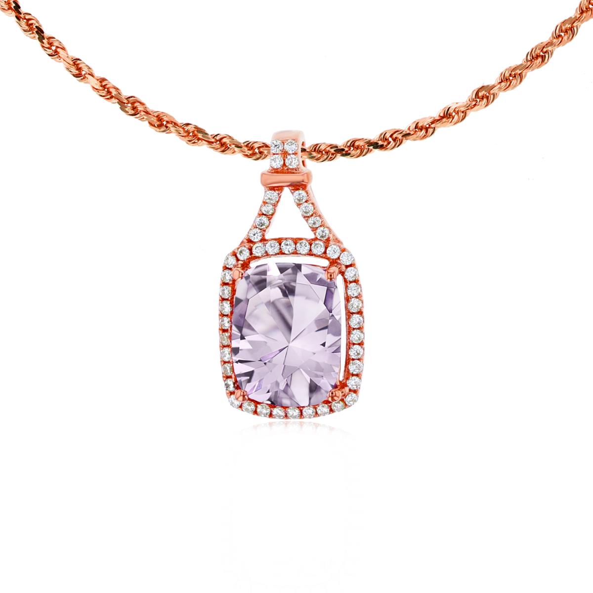10K Rose Gold 8x6mm Cushion Rose De France & 0.13 CTTW Rd Diamonds Halo 18" Rope Chain Necklace
