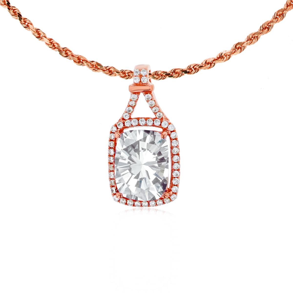 10K Rose Gold 8x6mm Cushion White Topaz & 0.13 CTTW Rd Diamonds Halo 18" Rope Chain Necklace