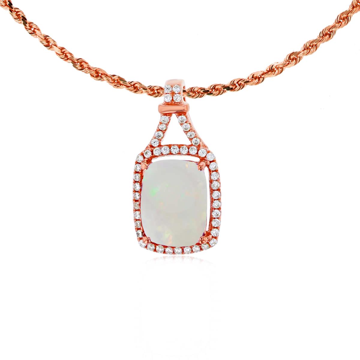 10K Rose Gold 8x6mm Cushion Opal & 0.13 CTTW Rd Diamonds Halo 18" Rope Chain Necklace