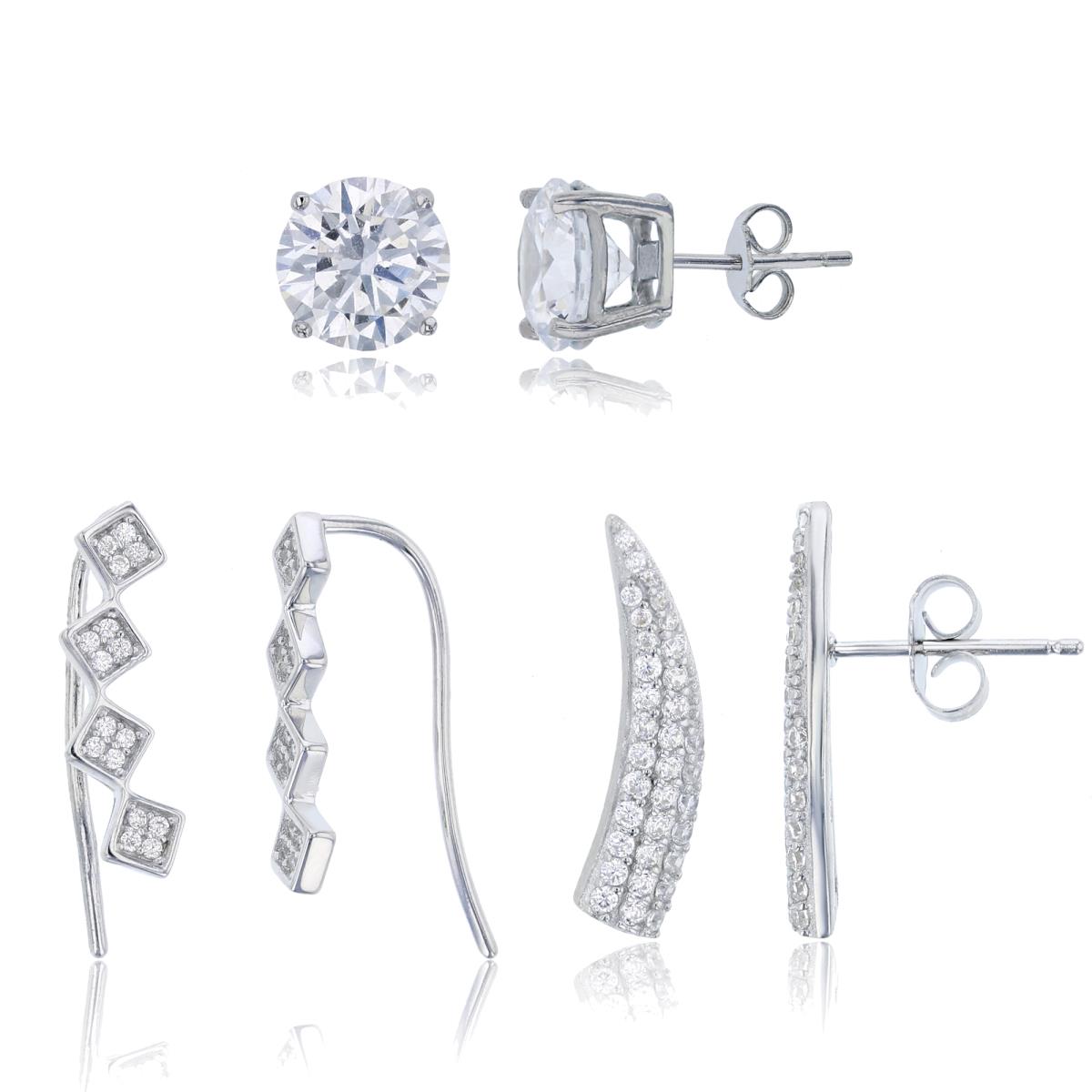 Sterling Silver Rhodium CZ Paved Horn ,4-Split Rhombs Waved Ear Crawlers & 8mm Rd Solitaire Stud Earring Set